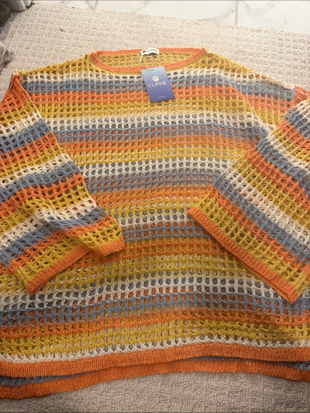 Cupshe Open-Knit Striped Crewneck Sweater in Orange, Yellow & Blue